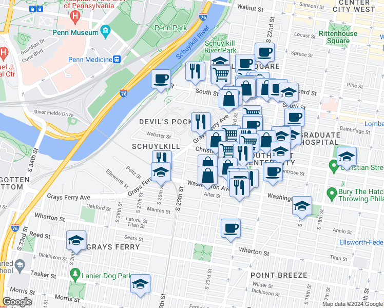 map of restaurants, bars, coffee shops, grocery stores, and more near 2451 Montrose Street in Philadelphia