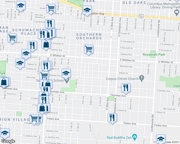 map of restaurants, bars, coffee shops, grocery stores, and more near 779 Siebert Street in Columbus
