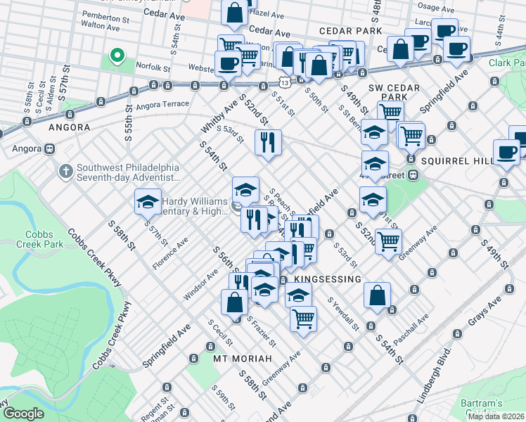 map of restaurants, bars, coffee shops, grocery stores, and more near S 54th St & Warrington Ave in Philadelphia