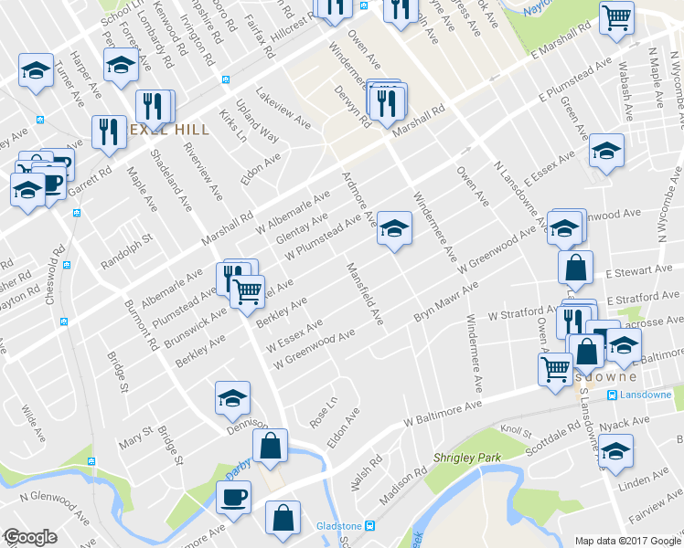 map of restaurants, bars, coffee shops, grocery stores, and more near 201 Berkley Avenue in Lansdowne