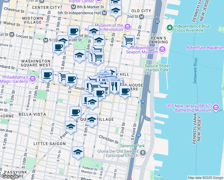 map of restaurants, bars, coffee shops, grocery stores, and more near in Philadelphia