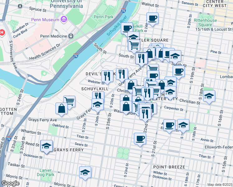 map of restaurants, bars, coffee shops, grocery stores, and more near 2451 Montrose Street in Philadelphia