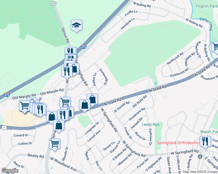 map of restaurants, bars, coffee shops, grocery stores, and more near 713 Parker Lane in Springfield