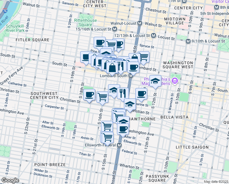 map of restaurants, bars, coffee shops, grocery stores, and more near 744 South 15th Street in Philadelphia