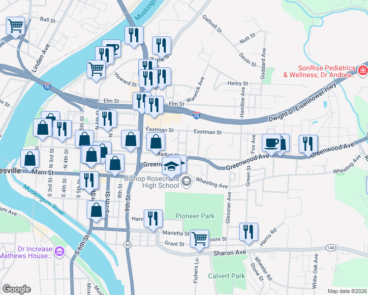 map of restaurants, bars, coffee shops, grocery stores, and more near 123 Galigher Street in Zanesville