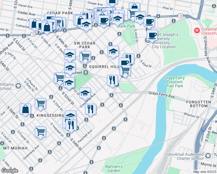 map of restaurants, bars, coffee shops, grocery stores, and more near 1304 Hanson Street in Philadelphia