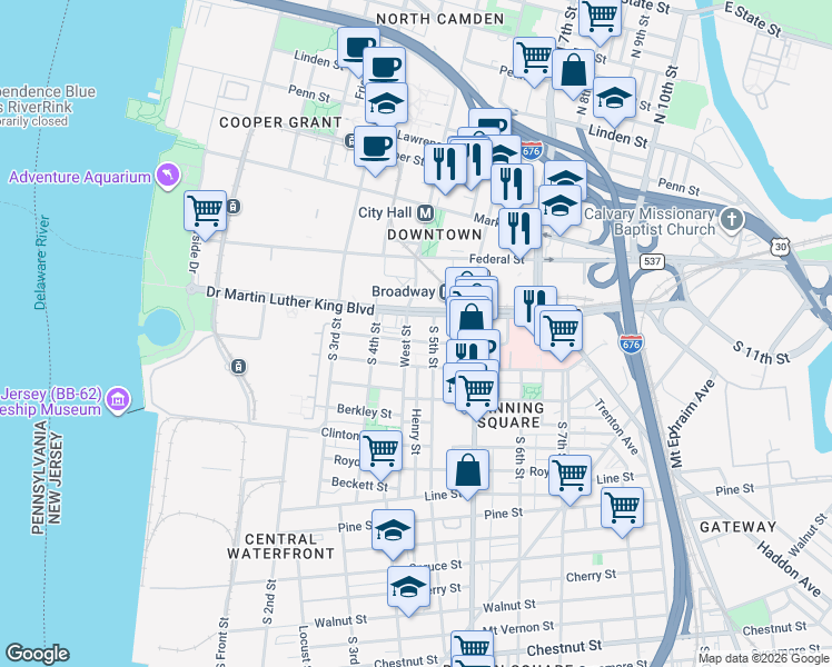 map of restaurants, bars, coffee shops, grocery stores, and more near 437 Stevens Street in Camden
