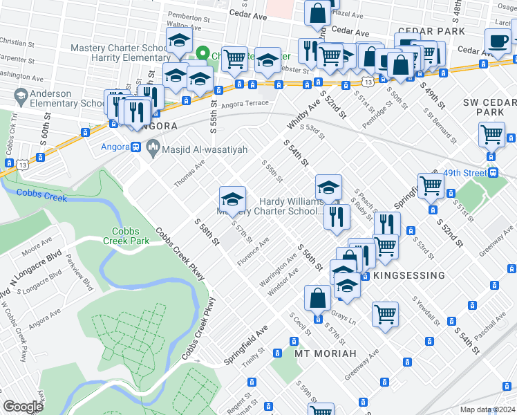 map of restaurants, bars, coffee shops, grocery stores, and more near 5604 Willows Avenue in Philadelphia