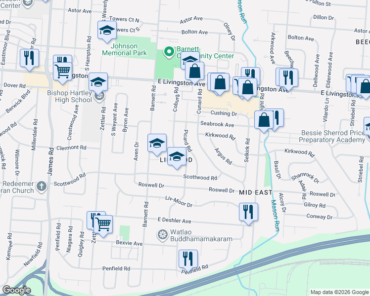 map of restaurants, bars, coffee shops, grocery stores, and more near 1477 Picard Road in Columbus