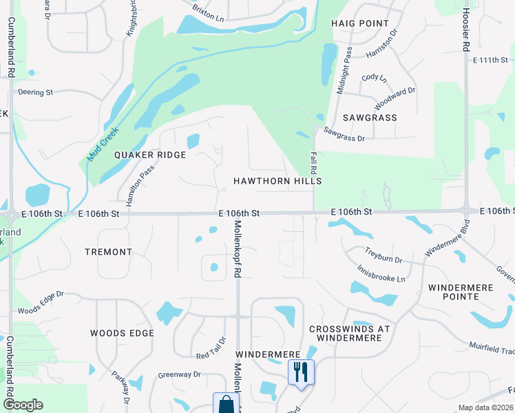 map of restaurants, bars, coffee shops, grocery stores, and more near 10634 East 106th Street in Fishers