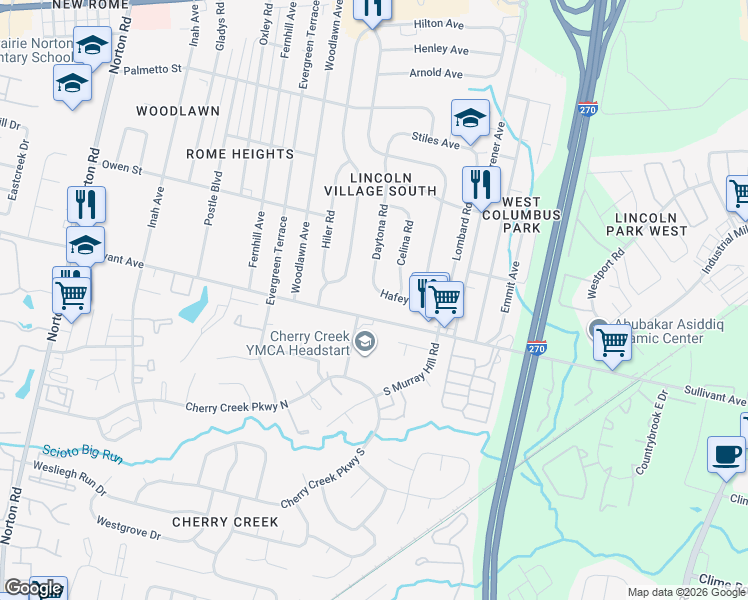 map of restaurants, bars, coffee shops, grocery stores, and more near 4819 Hafey Avenue in Columbus