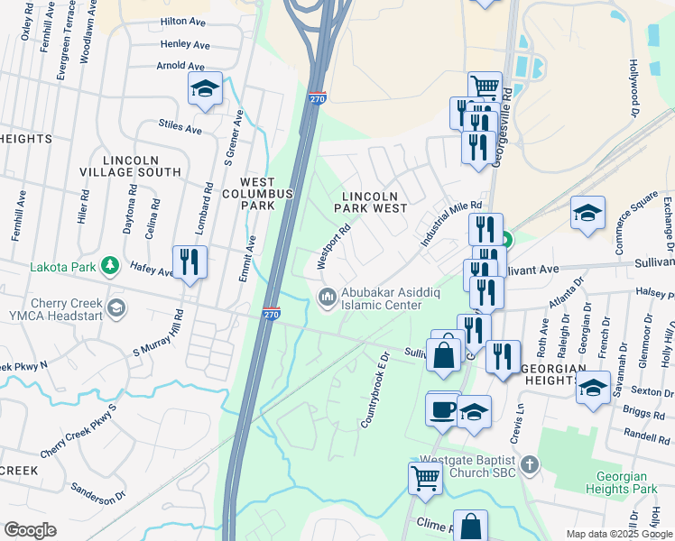 map of restaurants, bars, coffee shops, grocery stores, and more near 4577 Westport Road in Columbus