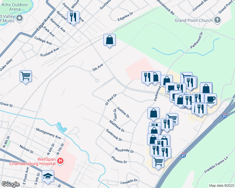 map of restaurants, bars, coffee shops, grocery stores, and more near 79 Saint Paul Drive in Chambersburg