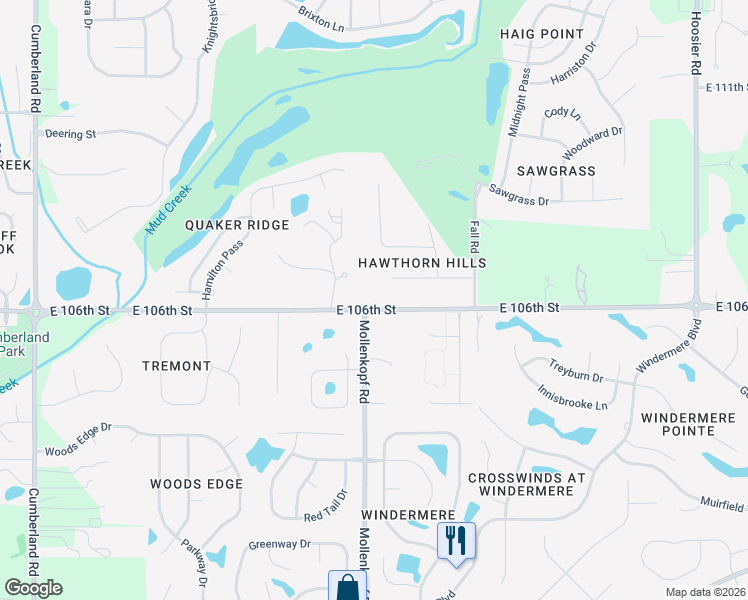 map of restaurants, bars, coffee shops, grocery stores, and more near 10634 East 106th Street in Fishers
