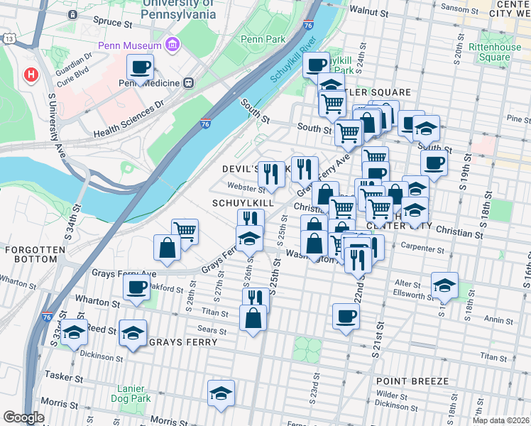 map of restaurants, bars, coffee shops, grocery stores, and more near 2549 Montrose Street in Philadelphia