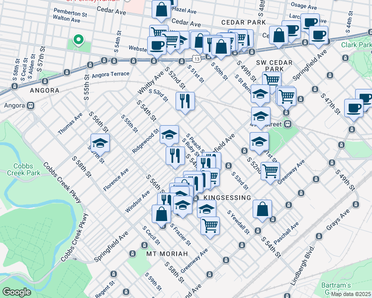 map of restaurants, bars, coffee shops, grocery stores, and more near 1303 South 54th Street in Philadelphia