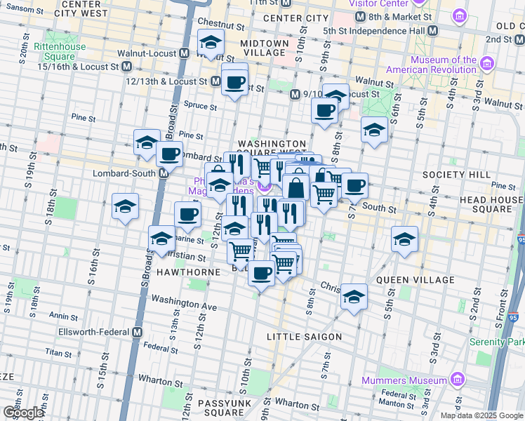 map of restaurants, bars, coffee shops, grocery stores, and more near 1008 Bainbridge Street in Philadelphia