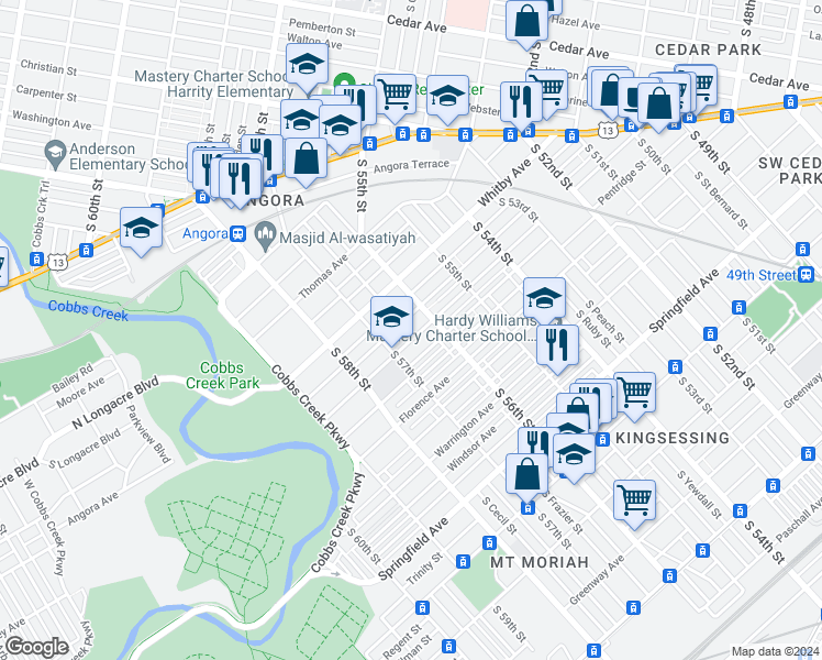 map of restaurants, bars, coffee shops, grocery stores, and more near 5629 Willows Avenue in Philadelphia