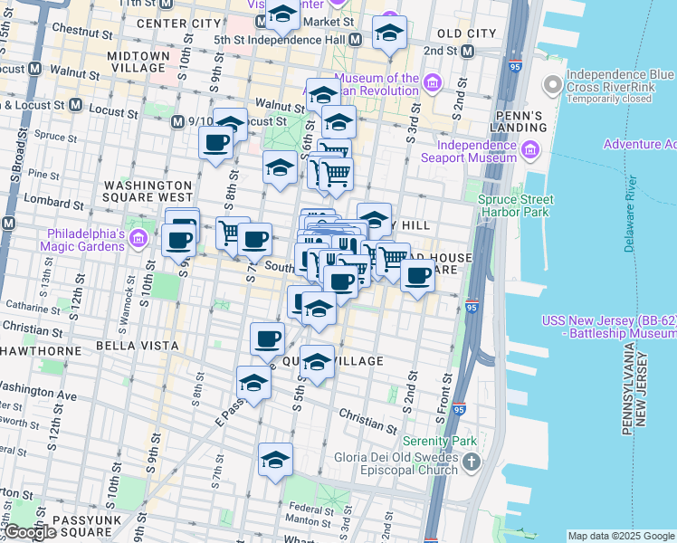 map of restaurants, bars, coffee shops, grocery stores, and more near 423 South Street in Philadelphia