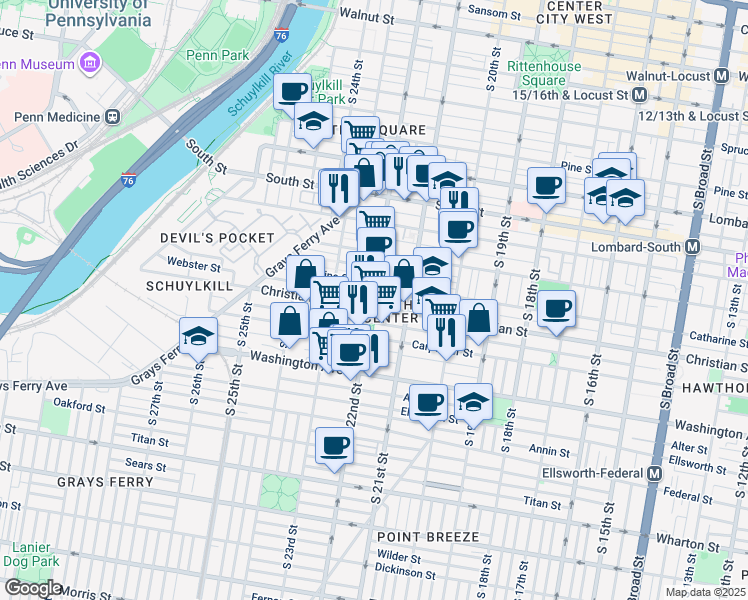 map of restaurants, bars, coffee shops, grocery stores, and more near 2147 Christian Street in Philadelphia