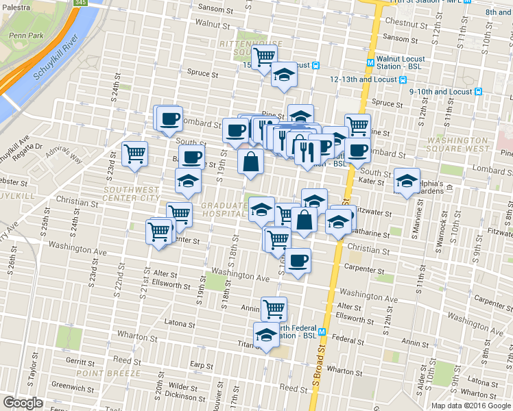 map of restaurants, bars, coffee shops, grocery stores, and more near 740 South 17th Street in Philadelphia