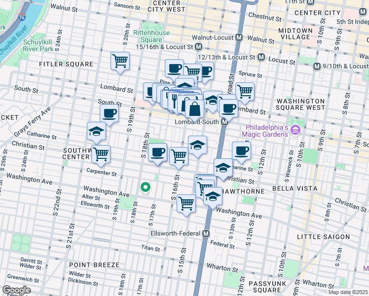 map of restaurants, bars, coffee shops, grocery stores, and more near 747 South 16th Street in Philadelphia