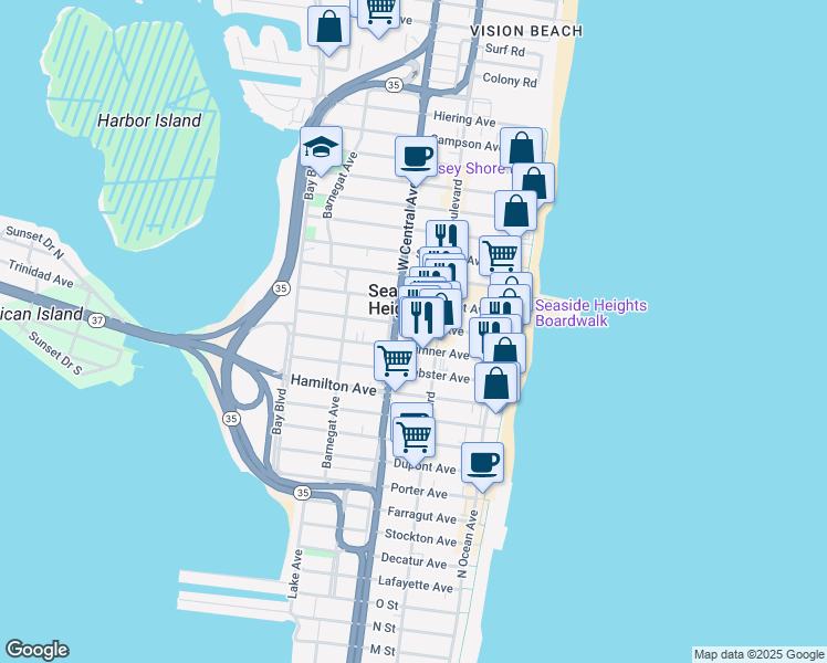 map of restaurants, bars, coffee shops, grocery stores, and more near 717 Ocean Boulevard in Seaside Heights
