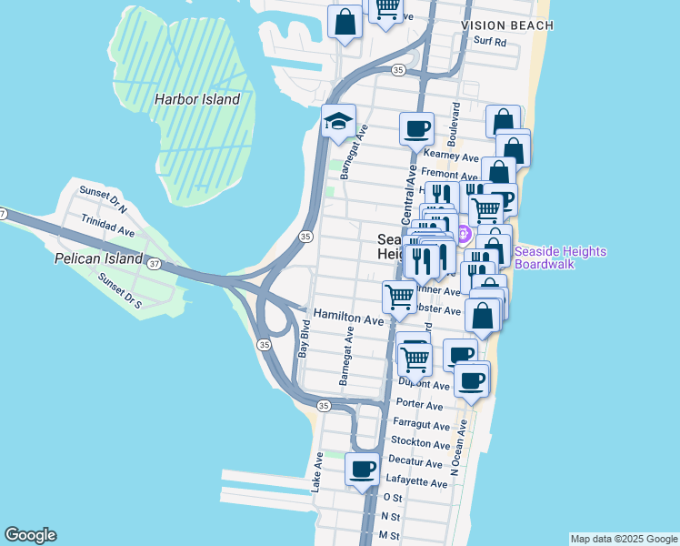 map of restaurants, bars, coffee shops, grocery stores, and more near 610 Barnegat Avenue in Seaside Heights