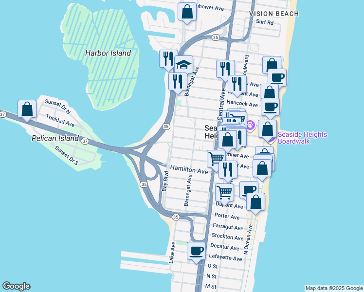 map of restaurants, bars, coffee shops, grocery stores, and more near 602 Bay Boulevard in Seaside Heights