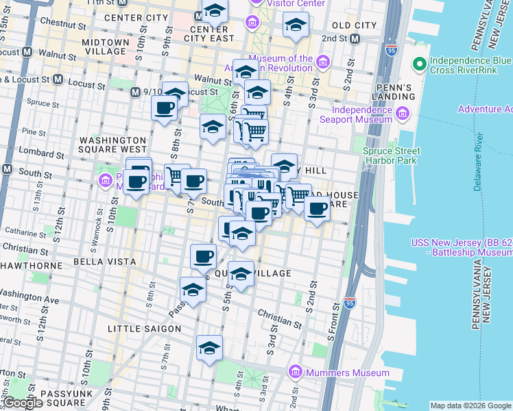 map of restaurants, bars, coffee shops, grocery stores, and more near 432-36 South Street in Philadelphia