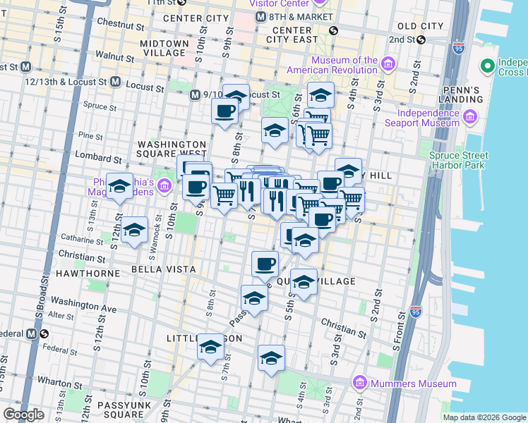 map of restaurants, bars, coffee shops, grocery stores, and more near 617 South Street in Philadelphia
