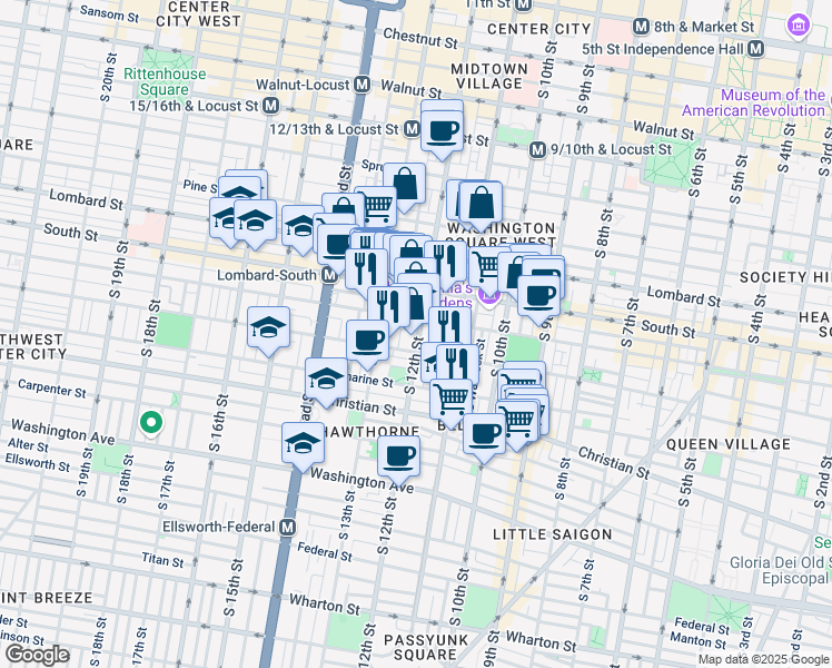 map of restaurants, bars, coffee shops, grocery stores, and more near 711 South 12th Street in Philadelphia