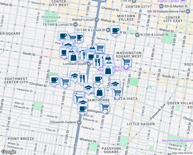 map of restaurants, bars, coffee shops, grocery stores, and more near 1335 Fitzwater Street in Philadelphia