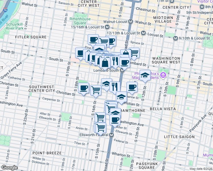 map of restaurants, bars, coffee shops, grocery stores, and more near 1510 Fitzwater Street in Philadelphia