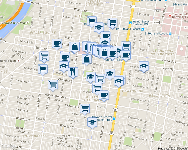 map of restaurants, bars, coffee shops, grocery stores, and more near 740 South 17th Street in Philadelphia