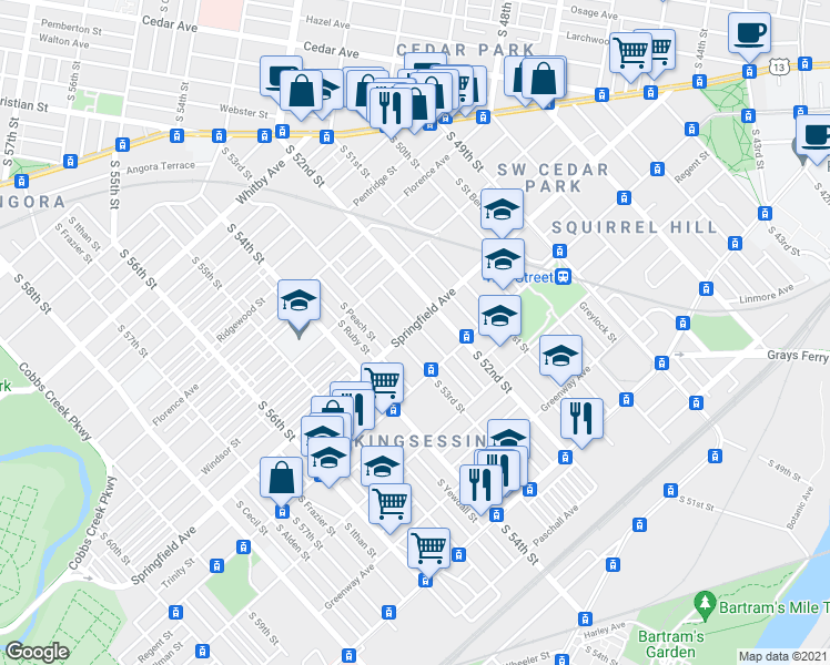 map of restaurants, bars, coffee shops, grocery stores, and more near 1202 South Wilton Street in Philadelphia