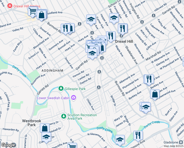 map of restaurants, bars, coffee shops, grocery stores, and more near in Drexel Hill