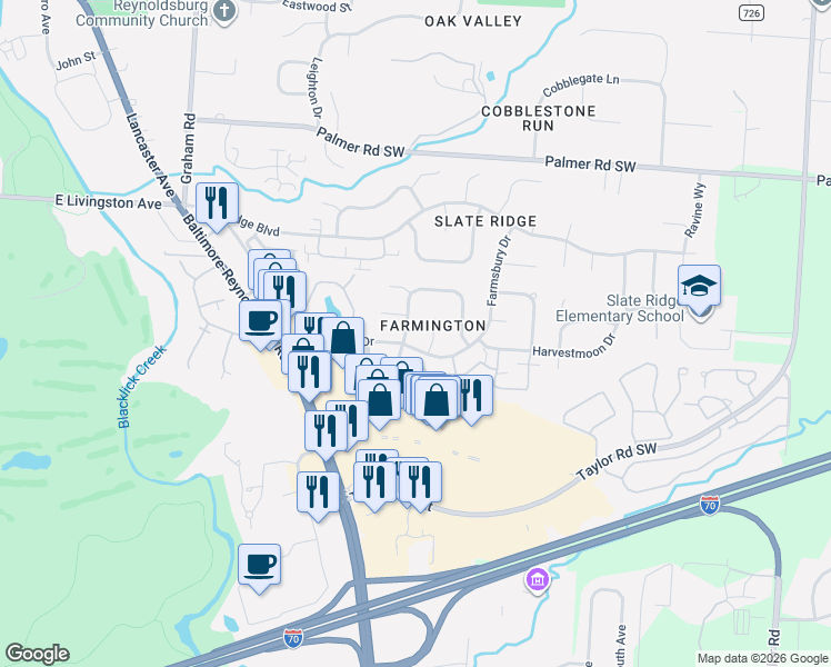 map of restaurants, bars, coffee shops, grocery stores, and more near 2117 Wayfaring Drive in Reynoldsburg