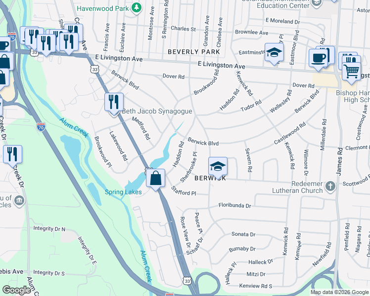 map of restaurants, bars, coffee shops, grocery stores, and more near 1333 Haddon Road in Columbus