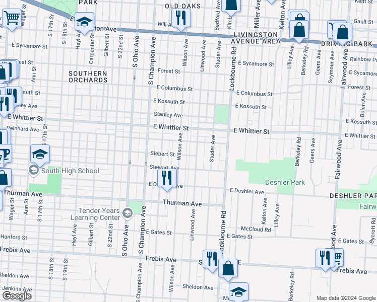 map of restaurants, bars, coffee shops, grocery stores, and more near 1153 Linwood Avenue in Columbus