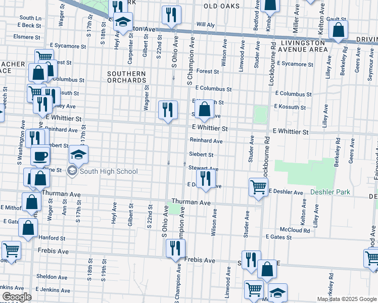 map of restaurants, bars, coffee shops, grocery stores, and more near 1133 South Champion Avenue in Columbus