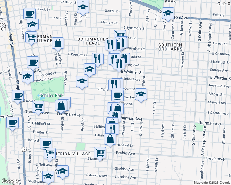 map of restaurants, bars, coffee shops, grocery stores, and more near 1058 Parsons Avenue in Columbus