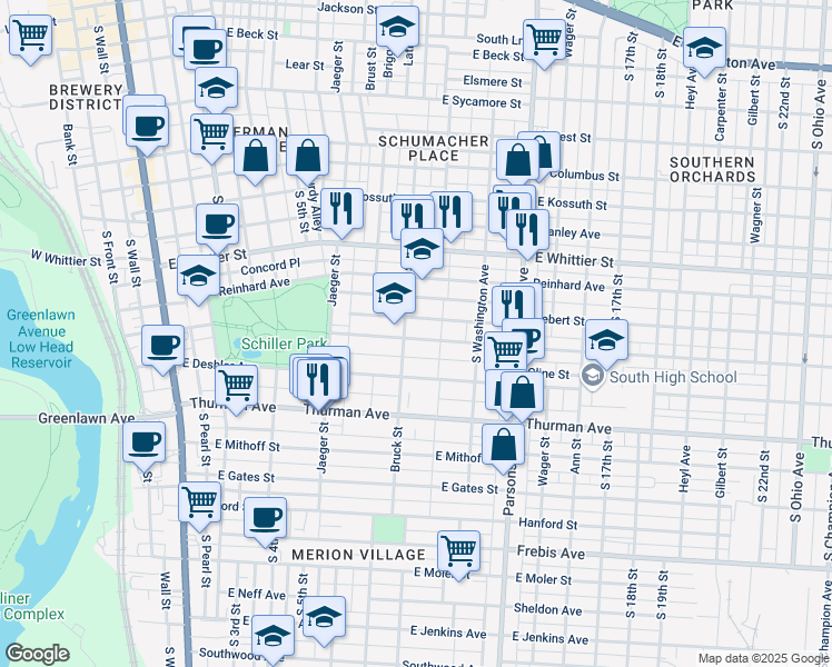 map of restaurants, bars, coffee shops, grocery stores, and more near 338 Stewart Avenue in Columbus