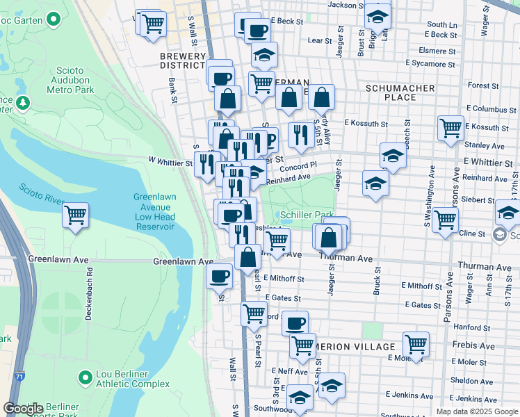 map of restaurants, bars, coffee shops, grocery stores, and more near in Columbus