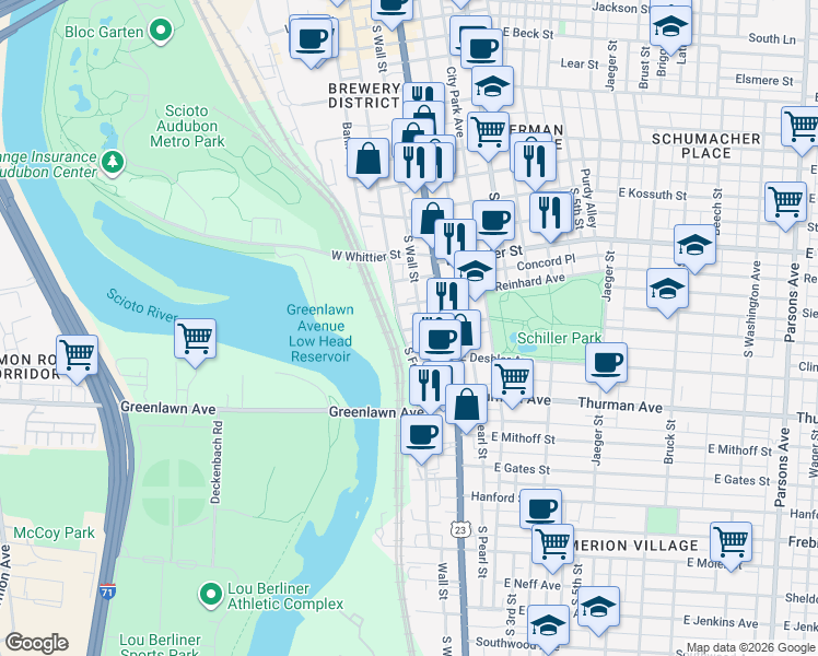 map of restaurants, bars, coffee shops, grocery stores, and more near 1000 South Front Street in Columbus