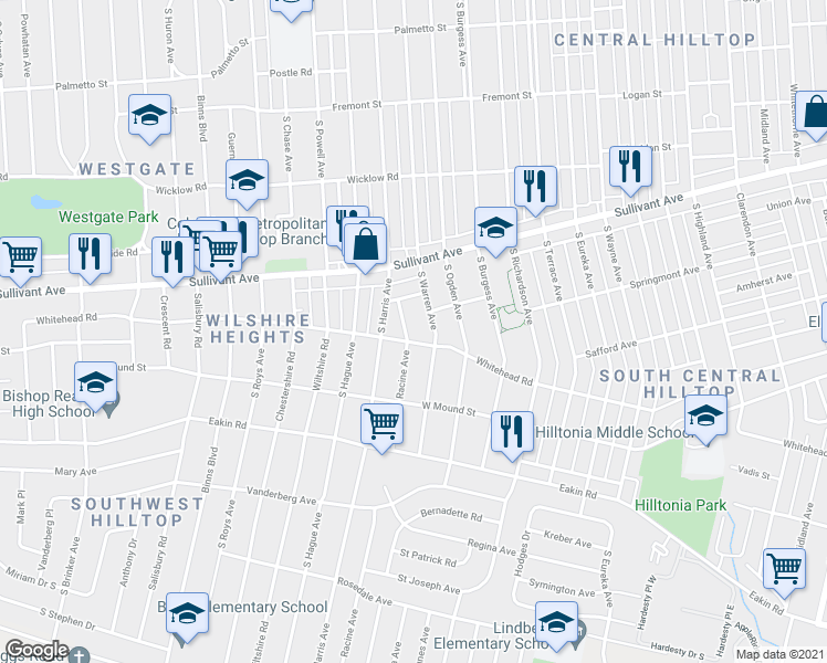 map of restaurants, bars, coffee shops, grocery stores, and more near 635 Racine Avenue in Columbus