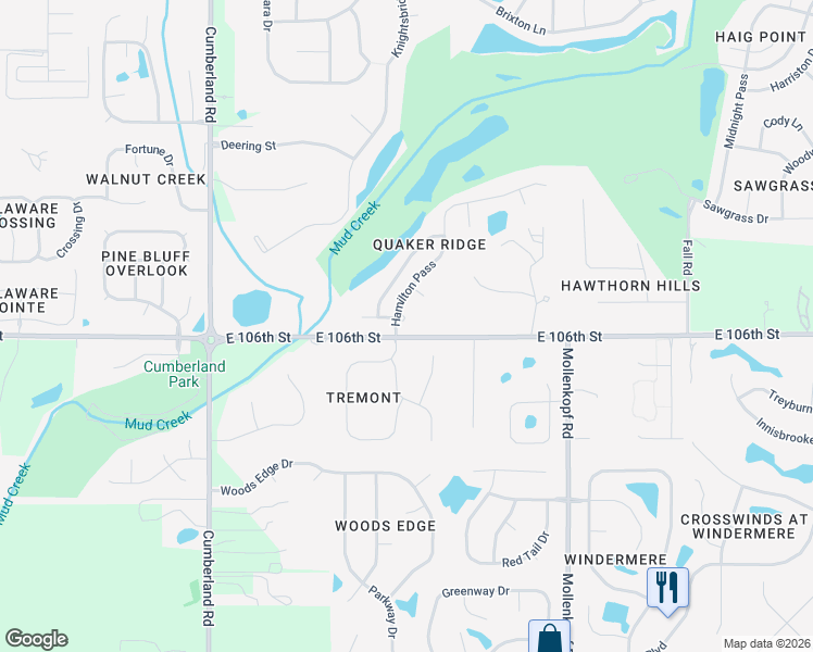 map of restaurants, bars, coffee shops, grocery stores, and more near 10153 Quaker Ridge Court in Fishers