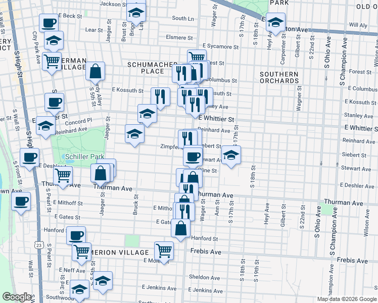 map of restaurants, bars, coffee shops, grocery stores, and more near 1058 Parsons Avenue in Columbus