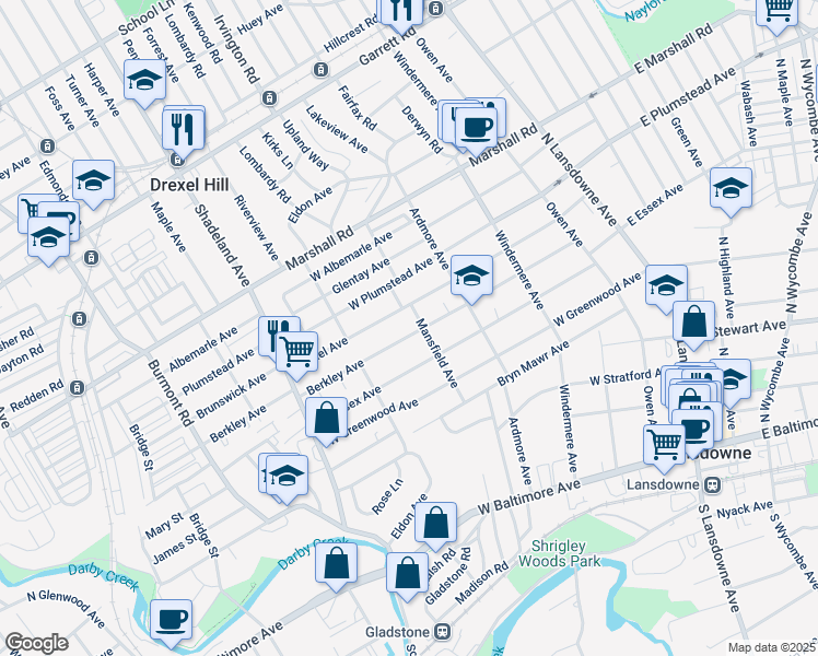 map of restaurants, bars, coffee shops, grocery stores, and more near 201 Berkley Avenue in Lansdowne