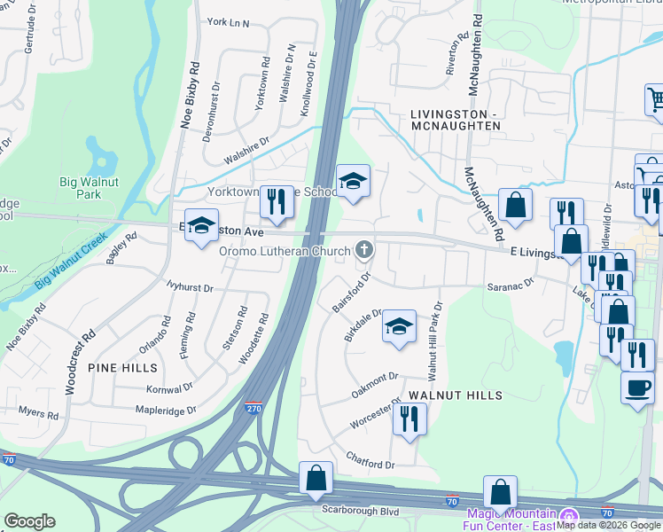 map of restaurants, bars, coffee shops, grocery stores, and more near 5615 Autumn Chase Drive in Columbus